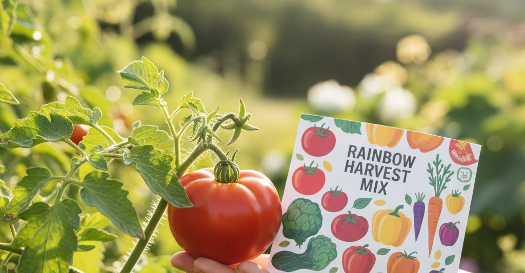 A hand holds a ripe, red tomato next to its original seed packet in a sunny garden, showing the successful harvest that came from following the packet's guide.