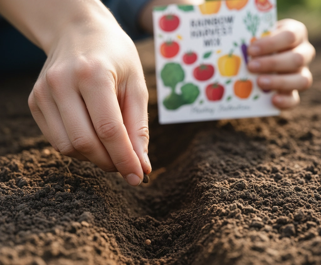A close-up, macro shot of hands carefully planting a small seed into dark, fertile soil, following the instructions from the seed packet visible in the background.
