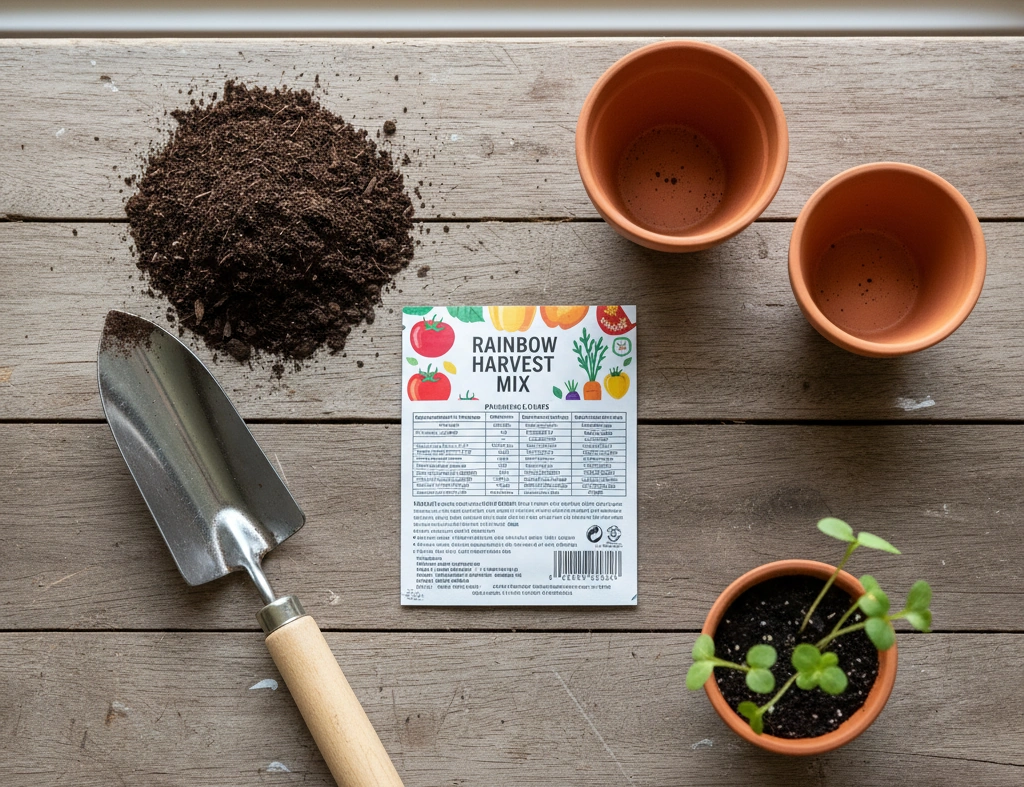 A top-down view of a seed packet's instructions laid out on a wooden bench like a map, surrounded by gardening tools, rich soil, and small green sprouts.